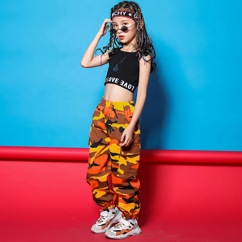 Fantasia de dança jazz, roupas de hip hop, tops pretos, calças de camuflagem para meninas, hip-hop, roupa de dança de rua, roupa de desempenho, rave, bl5527