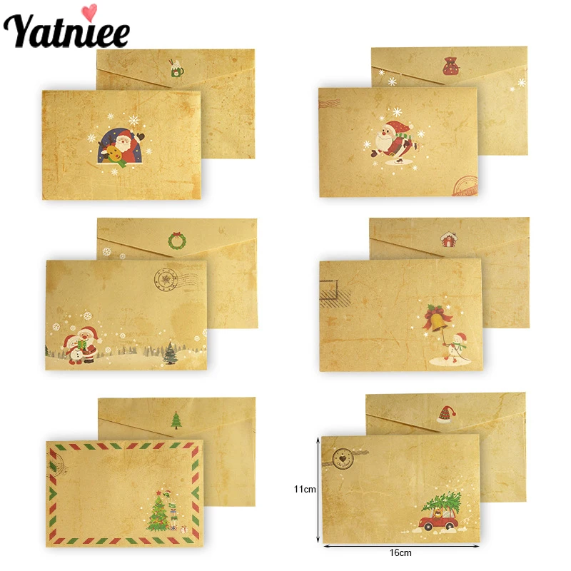 Yatniee 6pcs Kraft Paper Vintage Letter Writting Paper Christmas Pattern Envelope Wedding Party Invitation Xmas Gift Envelops