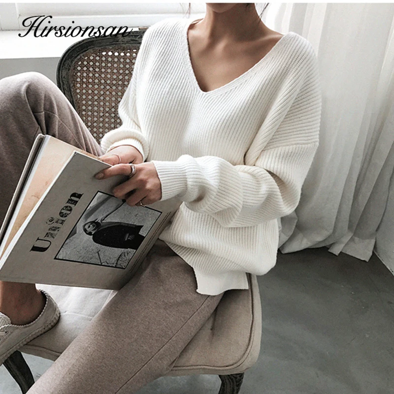 Hirsionsan Thicken Sweater Women 2023 Vintage Minimalist Autumn Winter Sweater Korean Casual Solid Knitted Pullovers V Neck Tops