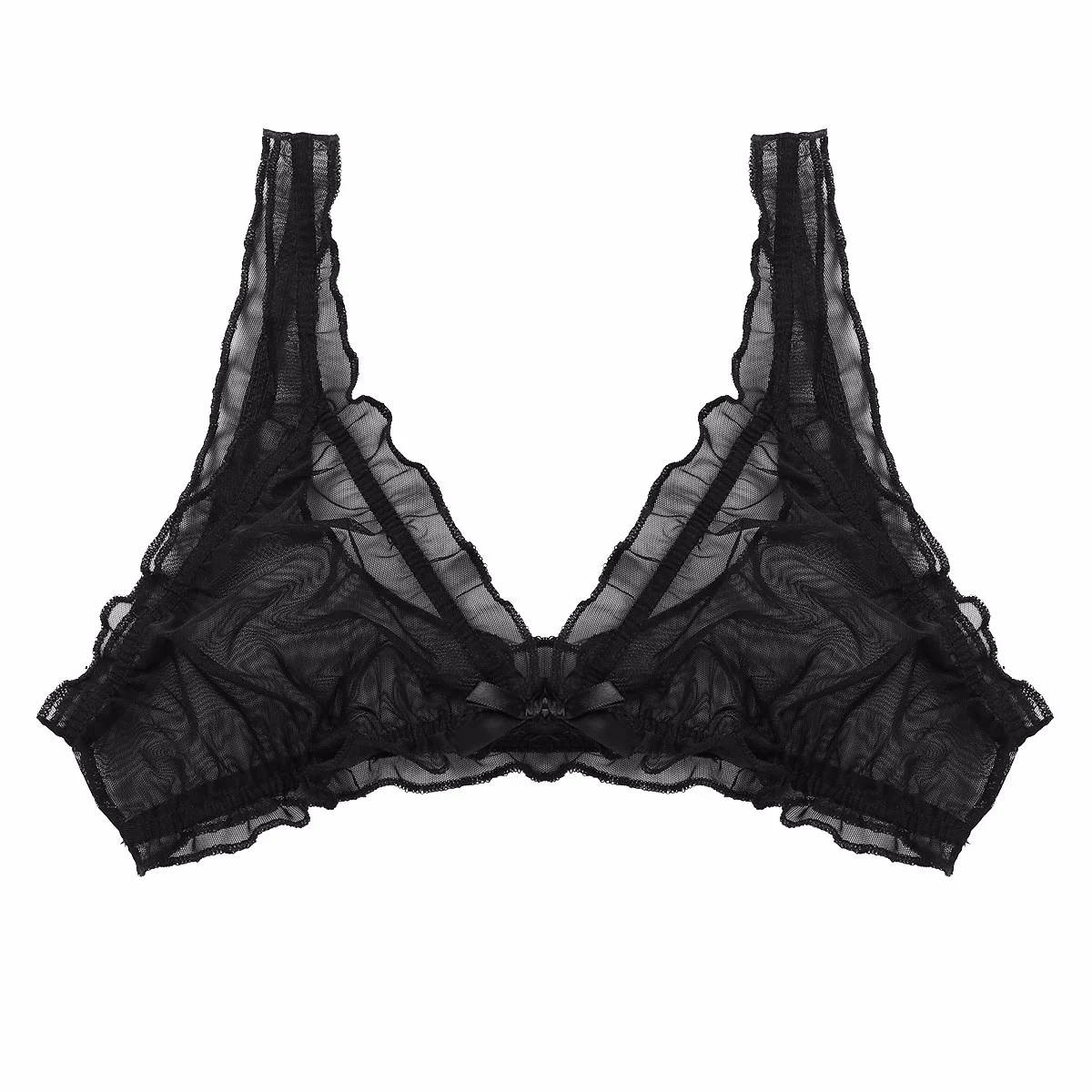 Sutiã de triângulo com babados de renda pura macia para mulheres, sem fio, sem forro, sutiã decote V, lingerie sexy, malha Bralette, Bralette