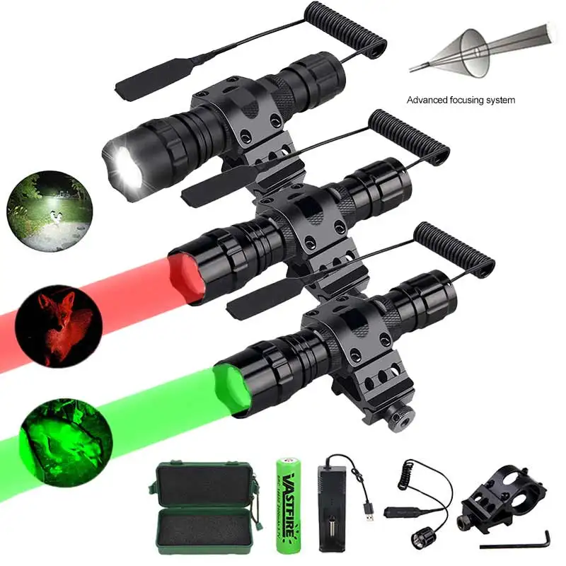 Tactical LED Flashlight Zoomable Torch Green/Red/White Hunting Lamp +Rifle Scope Mount+Switch+18650+Charger+Box