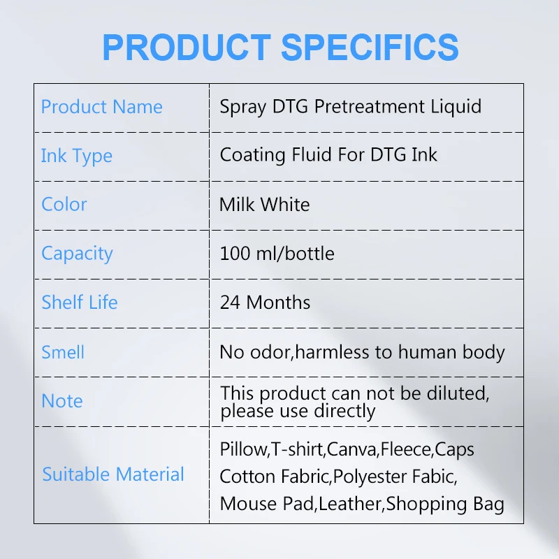 100ML Light & Dark Spray DTG Pretreatment Liquid Solution For Textile Pigment Ink Coating For DTG Printer Before Printing Fluid