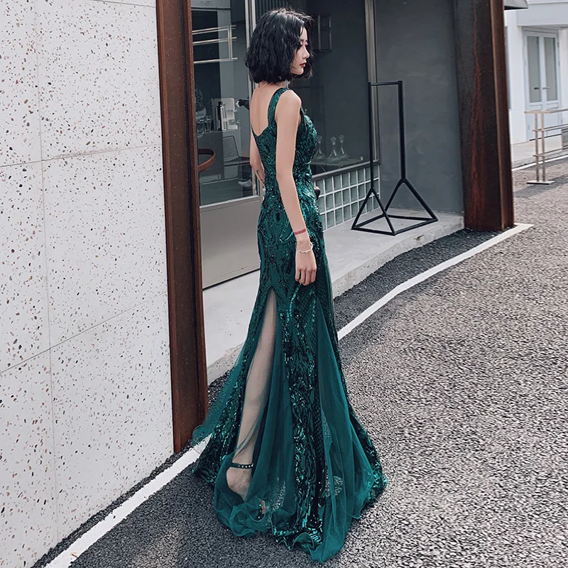 Yiiya – robe de soirée longue en paillettes, élégante tenue de soirée de standing, verte, écharpe, LF095