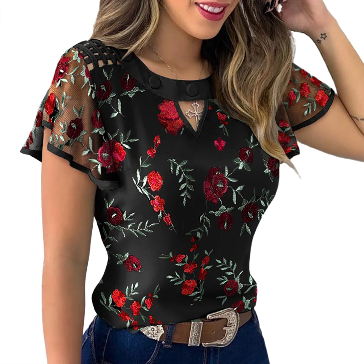 4 Styles Sexy Women Ruffle Sleeve Tops Pullover Dot Polk Embroidery Floral Print Blouse Ladies OL Casual Chiffon Jumper Tee