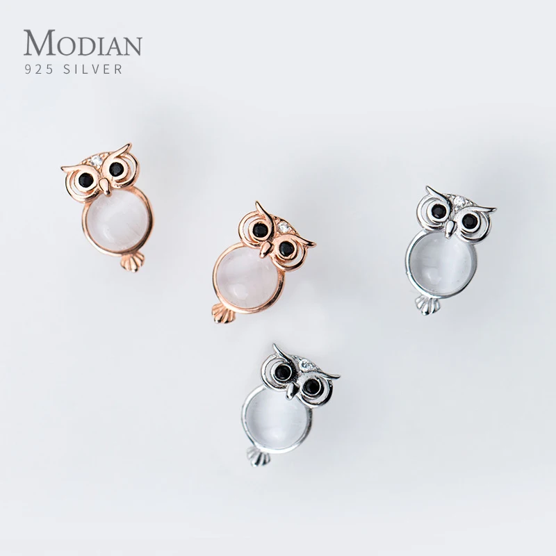 

Modian White Opal Cute Owl Ear Studs for Women Gift Authentic 925 Sterling Silver Rose Gold Color Stud Earring Fashion Jewelry