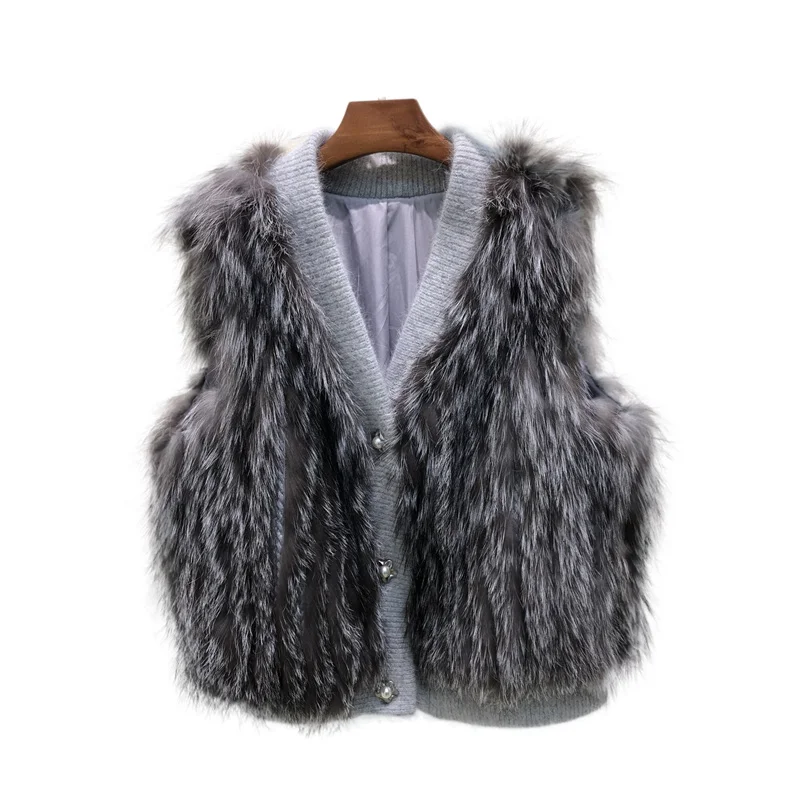 lady striped silver fox vest real fur short gilet sleeveless coat V-Neck Single Breasted Cardigan Ladies