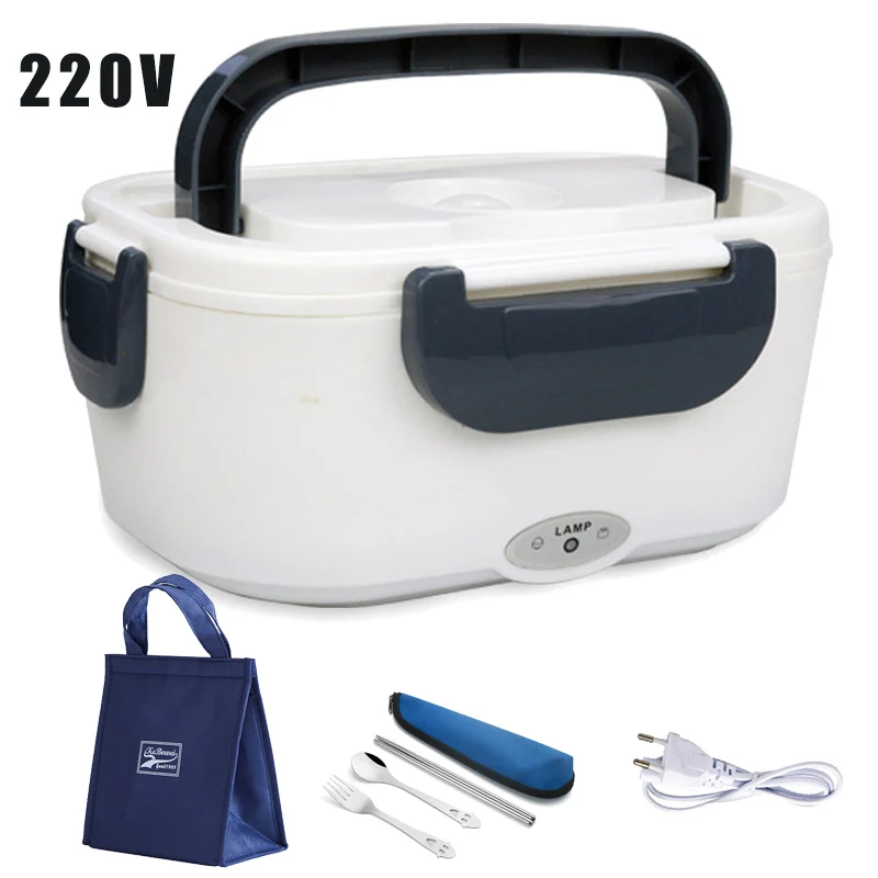 

Portable 220V Electric Lunch Box EU Plug Heated Warmer Food Containers Home Office Plastic Bento Box Adult Dinnerware Bag Sets