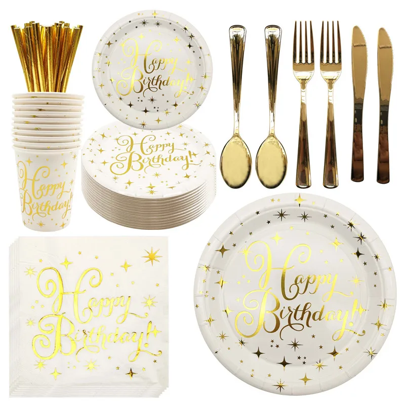 

Gold Happy Birthday Paper Plates Cups Napkins Tablecloth Straw Disposable Tableware Kids Adult Birthday Party Dinnerware Supplie