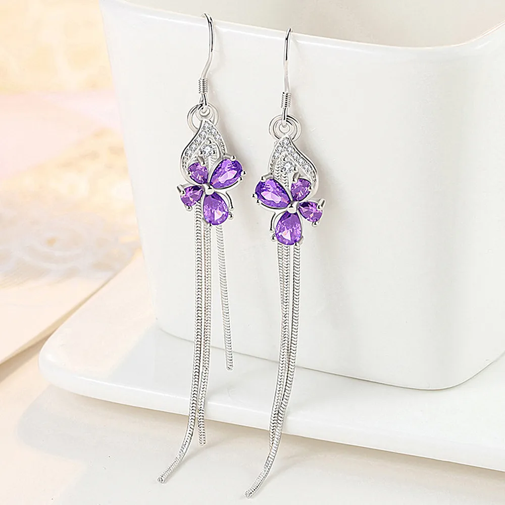 Clover Pink Purple Crystal Zircon Diamonds Gemstones Tassel Long Drop Earrings for Women White Gold Filled Trendy Jewelry Gifts