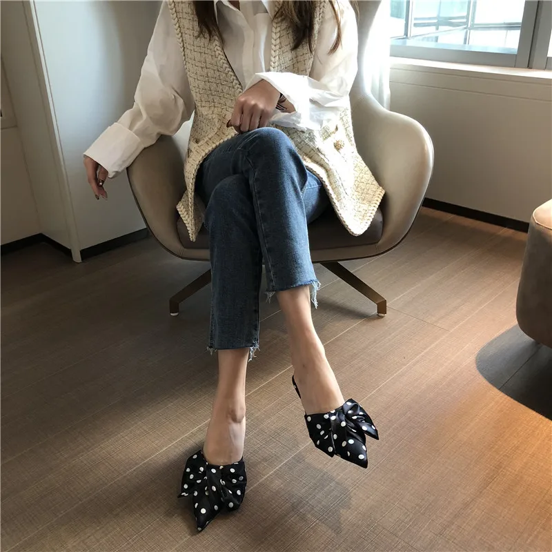 2021 New Spring Slippers Women\'s Korean-Style Pointed Polka Dot Bow Stiletto Mid-Heel Low Heel Slippers Polka Dot Half Slippers