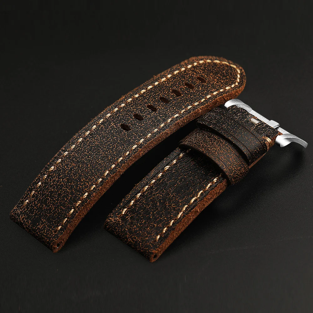 Hand-Cracked Old Vintage Top Layer Leather Watchband 22 24 26MM For 47MM PAM Soft Men\'s Watch Bracelet Vintage Style