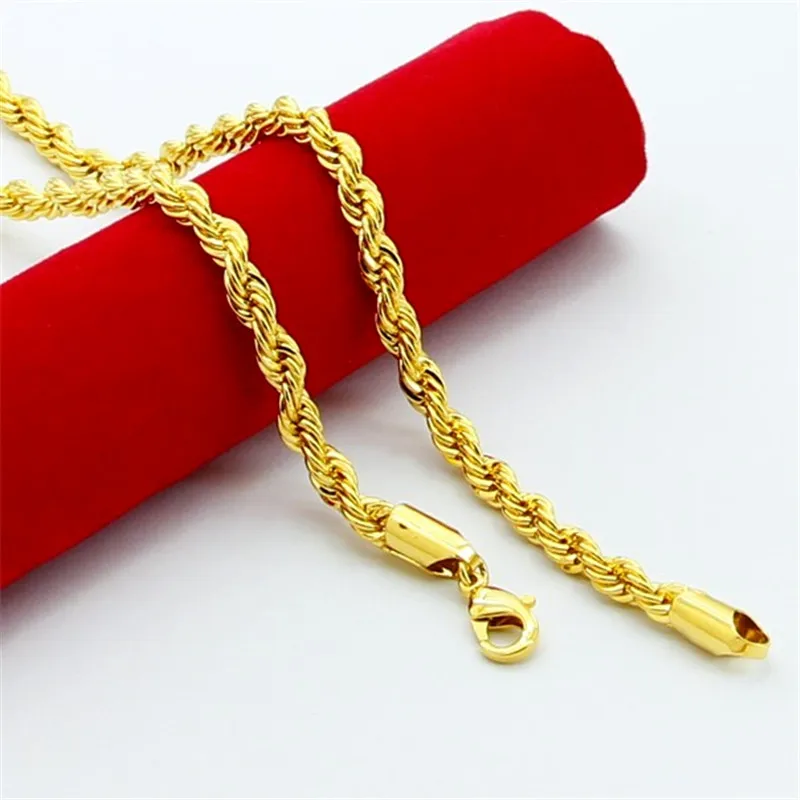 Hip Hop plated 24K Gold Necklace 4MM Twisted Rope Twist Electroplating Gold Necklace for Men & Women Wedding Jewelry Gifts