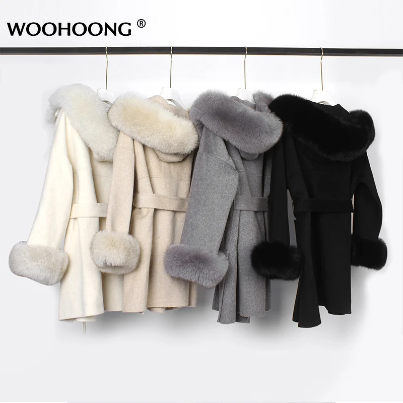 

Real Fur Coat Winter Jacket Women Cashmere Wool Woolen Oversize Ladies Outerwear Natural Fox Fur Collar Ladies Outerwear Women's