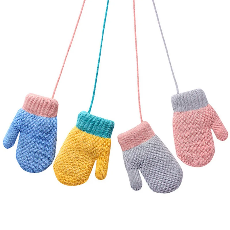 Mittens For Children Wool Knitted Gloves Plus Velvet Thickening Warm Cute For 2-4 Years Baby New Small Hanging Neck Gloves Soft