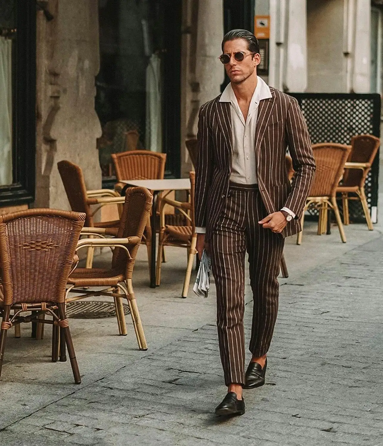 Coffee Pinstriped Mens Suits 2 Pieces Groom Best Man Pants Suit Business Wedding Blazer (Jacket+Pants)