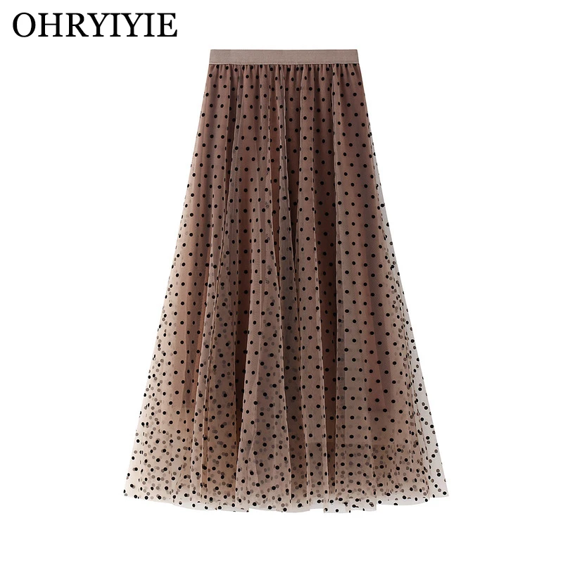 

OHRYIYIE Autumn Winter Black Polka Dot Tulle Skirts Women 2023 New Casual Elastic High Waist A-line Skirt Female Mesh Mid Skirt