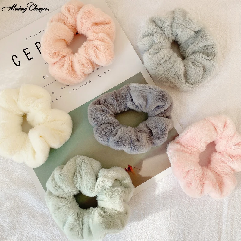 Winter Cute Rabbit Hair Large Hair Scrunchies For Girl Woman Pure Color  Elastic Hair Ropes Wash Face Headband Hair Accessories