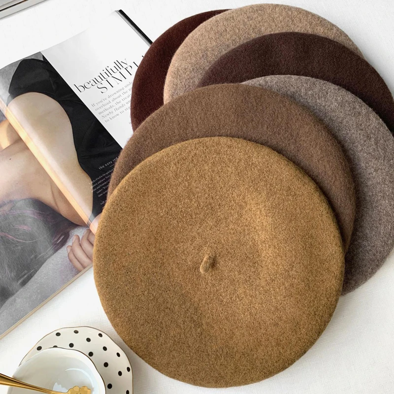 Luna&Dolphin Women Autumn Winter Wool Mushroom Hat Berets Coffee Caramel Vintage Artist Cap Painter Beanie Hat Sweet Color Warm