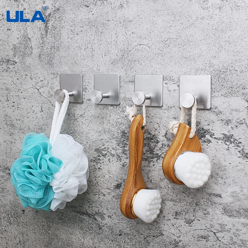 ULA 4pcs Bathroom Hook Self Adhesive Clothes Hanger Bags Key Rack Kitchen Towel Hanger Bathroom Hardware Stainless Steel