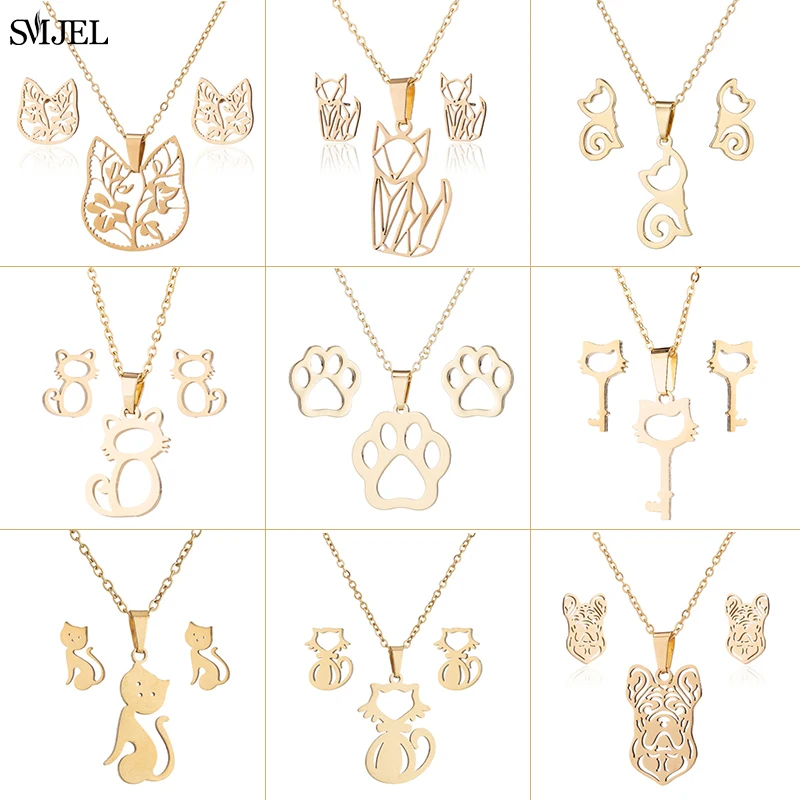 New Stainless Steel Jewelry Sets for Women Cute Hollow Cat Necklace Earring Kitten Cat Paw Earrings Studs Accessories