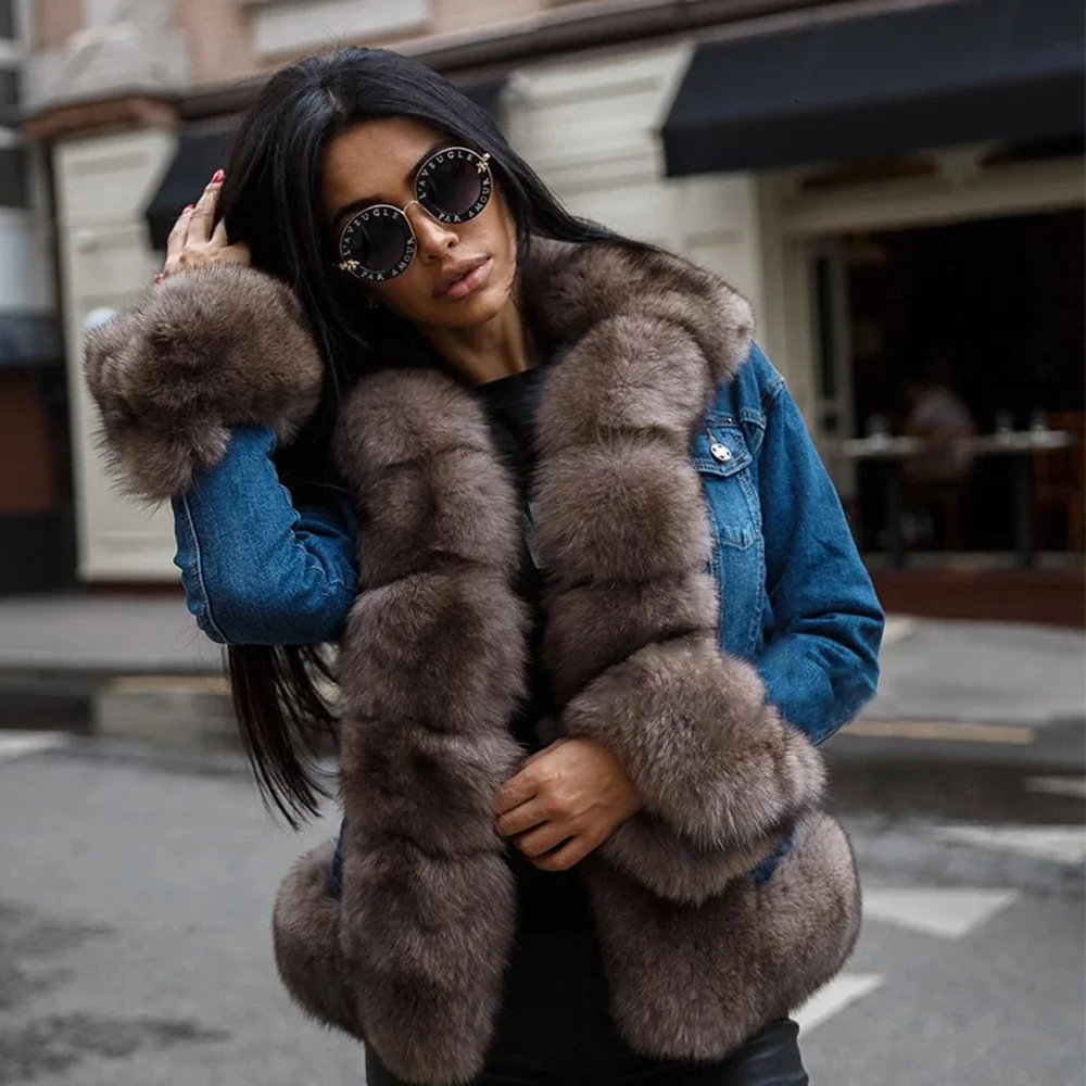 Tatyana Furclub Denim Parka Real Fur Coat Winter Jacket Women Real Natural Fox Fur Coat Thick Warm Fur Parka Real Fur Jacket