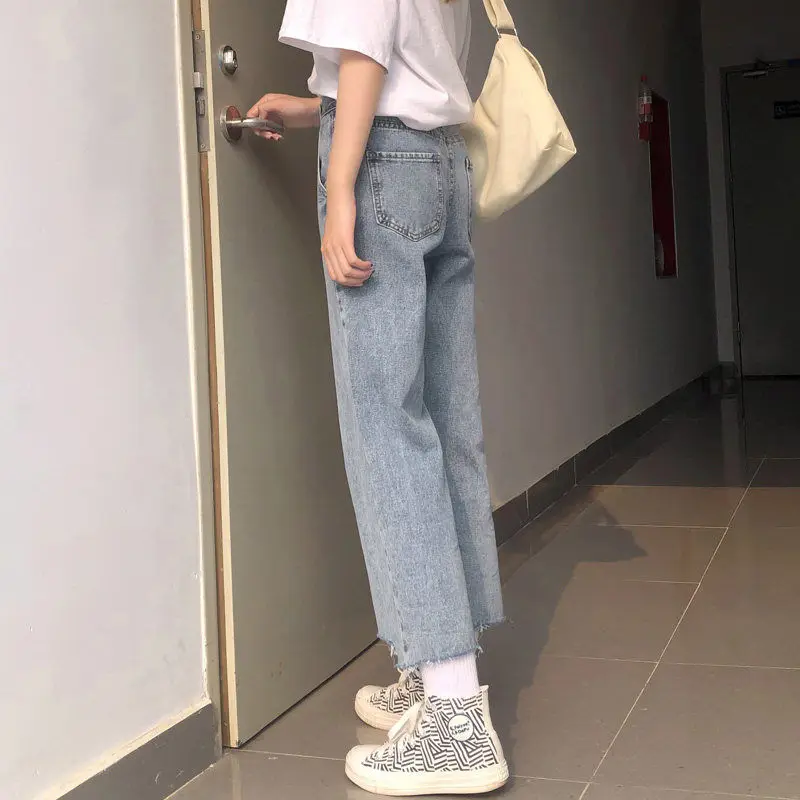 

New summer high-waisted hole-breaking jeans women loose-fitting students thin wide-legged trousers nine straight pants