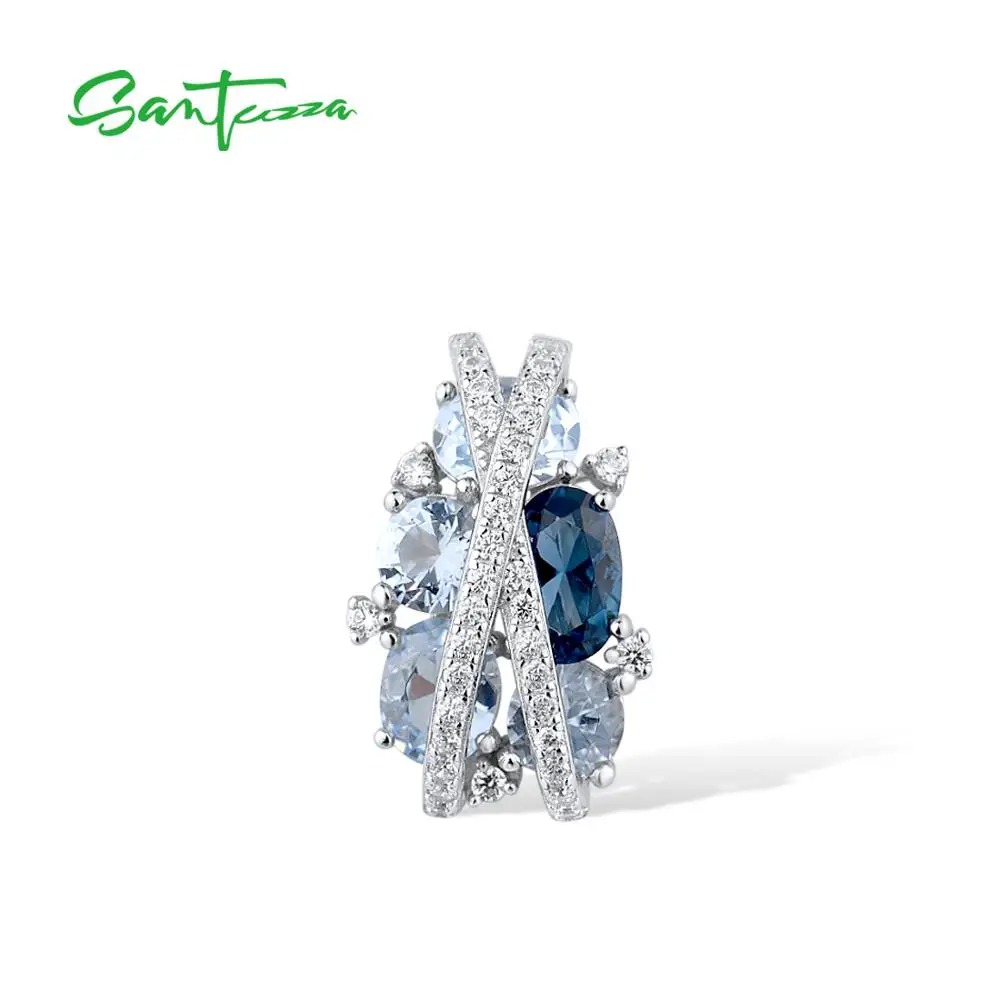 SANTUZZA Silver Pendant for Women Pure 925 Sterling Silver Sparkling Blue Spinel White Cubic Zirconia Party Elegant Fine Jewelry