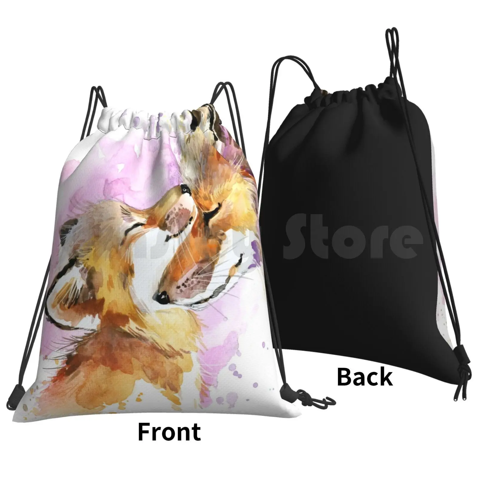 아름다운 여우 엄마와 새끼 수채화 디자인. 배낭 졸라매는 끈 가방 승마 등산 체육관 가방 폭스 폭스 어머니 엄마 엄마