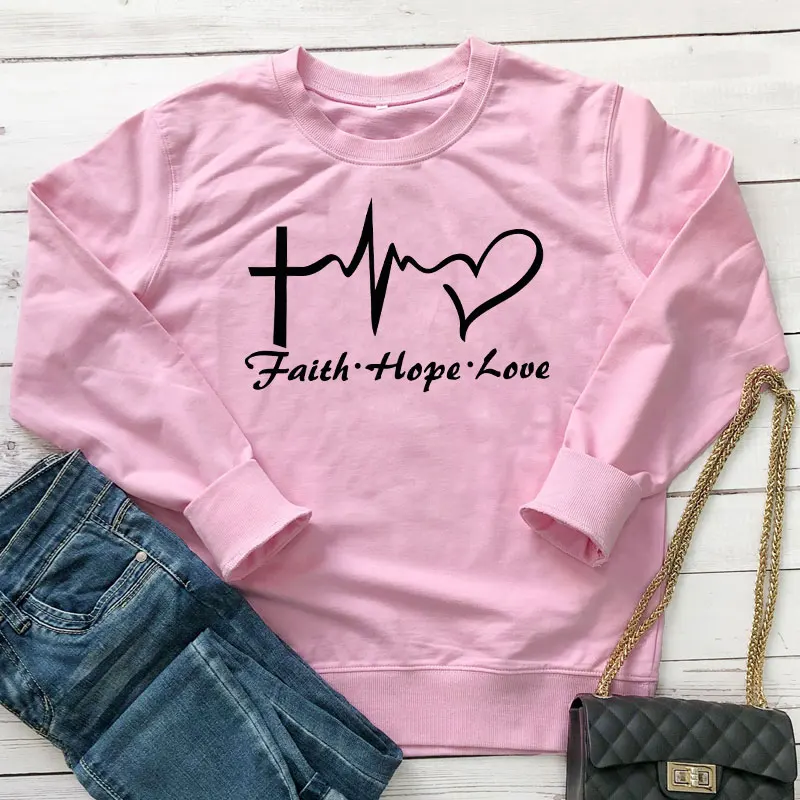 Faith Hope Love Heartbeat Sweatshirt Unisex Women Catholic Christian Pullover Inspired Autumn Full Sleeve Graphic Slogan Hoodies