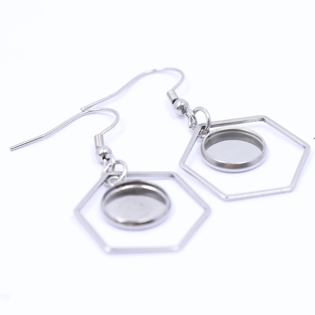 Onwear 20pcs dangle hoop earring base 12mm cameo cabochon setting trays diy stainless steel pendant earrings findings