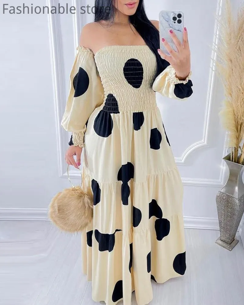 Women Off Shoulder Polkadot Backless Print Shirring Detail Fit and Flare Maxi Dress