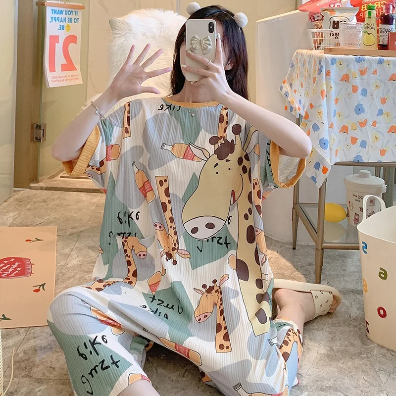 Onesies Pajama For Women Summer Cotton Nightdress Female Cartoon Short-sleeved Cute Sleepwear Girl Party Suit