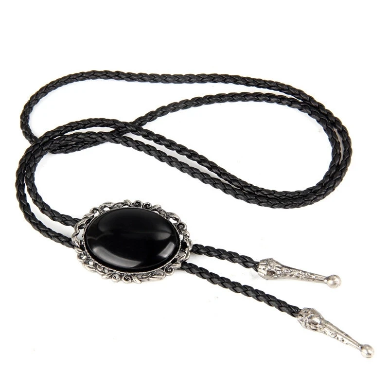 Bolo tie Retro shirt chain Imitation of obsidian poirot rope leather necklace Long tie hang