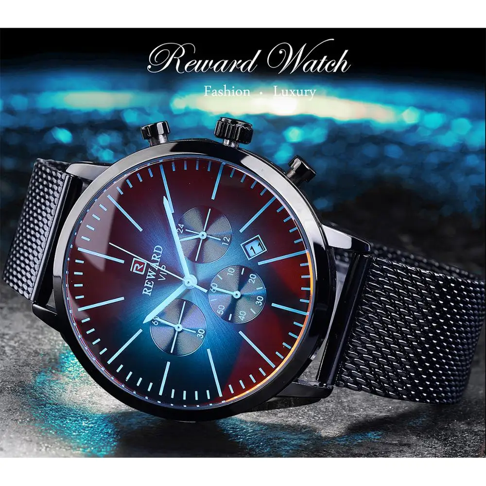 REWARD Black Stainless Steel Mesh Band Symphony Glass Design Three Dial Calendar Display Men Quartz Wrist Watch Top Brand Luxury