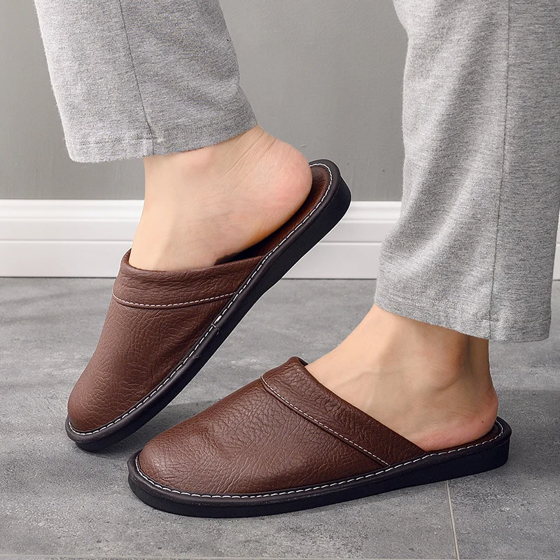 Men's Odor-resistant Leather Slippers for Home Non-slip Couple Slides Unisex Size 35-48 Leather Slippers Men Shoe Black Brown