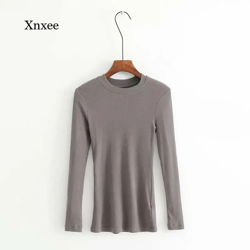 Kintted Tops Spring Summer Pure Cotton for Women Casual Slim Elastic O-Neck Long-Sleeve T Shirt Fashion Slim Tee Clothing