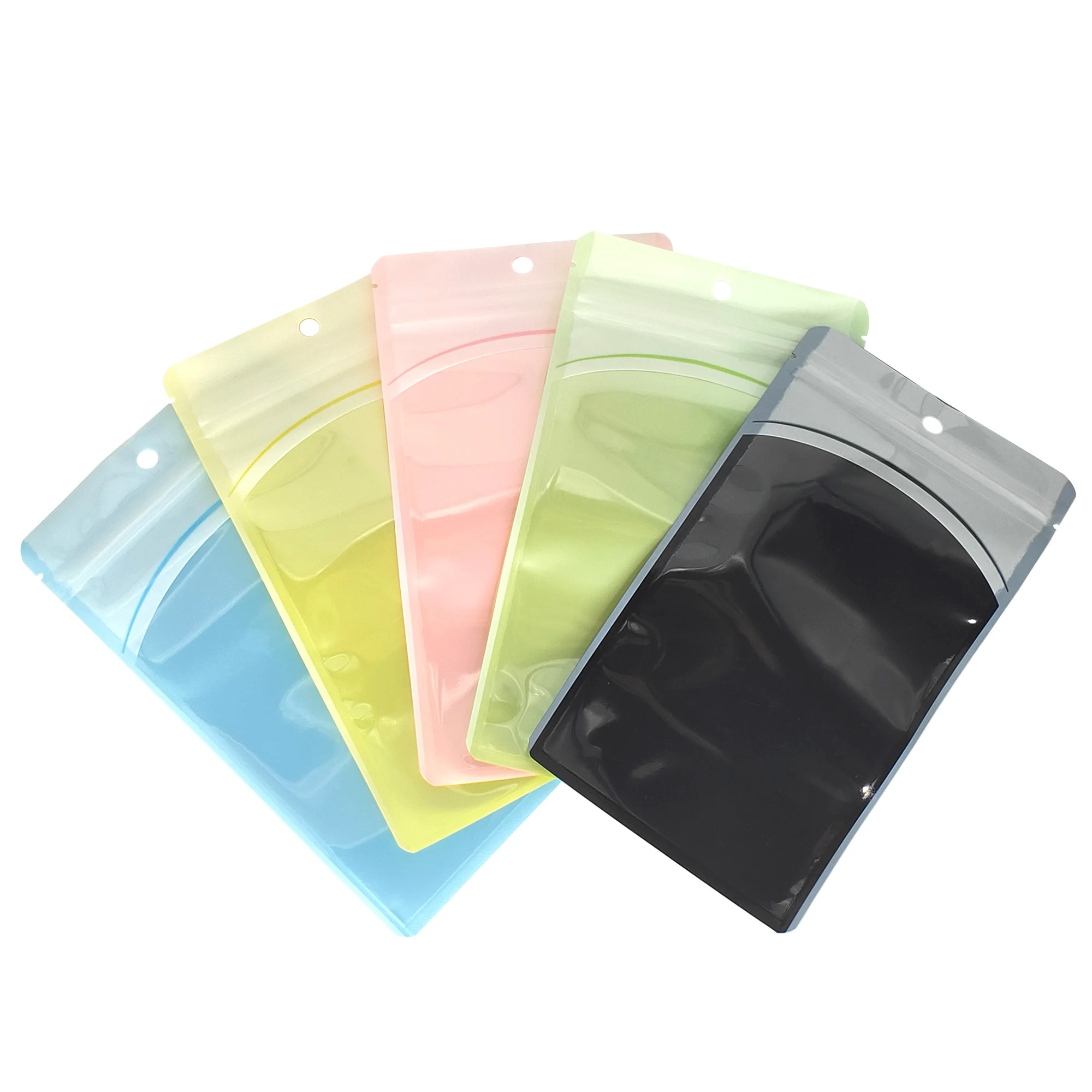 Front Clear Mylar Flat Tear Notch Pouches, Plastic Bags with Hang Hole for USB Cable, Eco PP Ziplock Bags, Various Colors