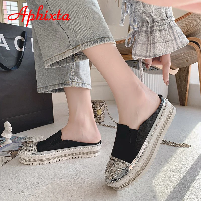 Aphixta New Crystals Flat Platform Mules Women Bling Diamond Rubber Rhinestone Lofers Shoes Fashion Slides Plus Size 42 43