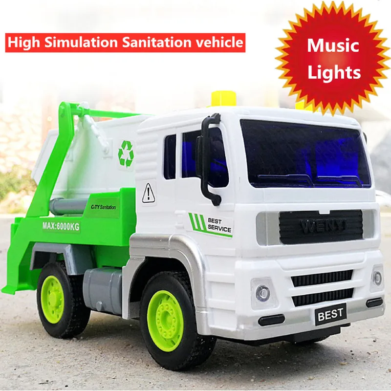 Simulation Sanitation Vehicle With Music Song Lights Effect Pull Back City Service Garbage Tank Truck Garbage Collection Truck