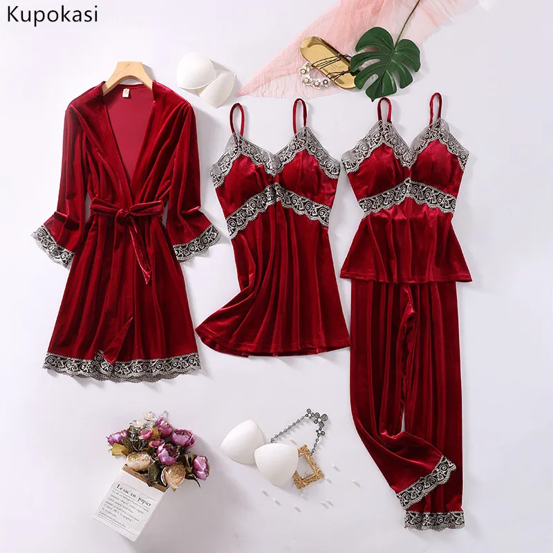 

Kupokasi 4pcs Gold Velvet Pajamas Set Sleepwear Women's Home Clothes Robe Sets Winter Warm Pyjamas Nightwear