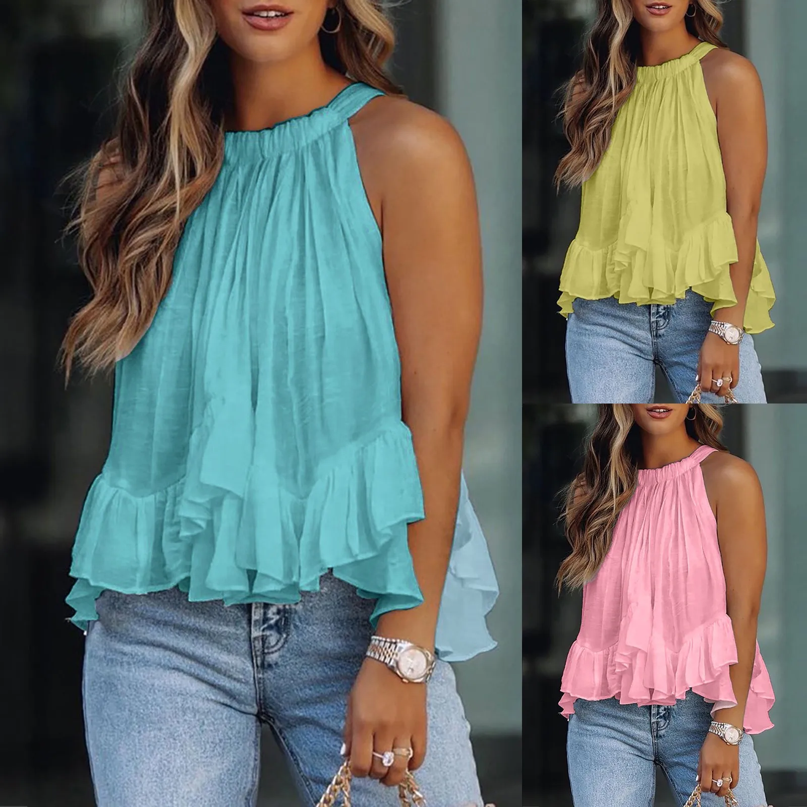 Sexy Halter Tops Ruffle Women Chiffon Blouses Camisoles Off Shoulder Sleeveless Blouse Loose Crop Tops Summer Elegant Tank Tops