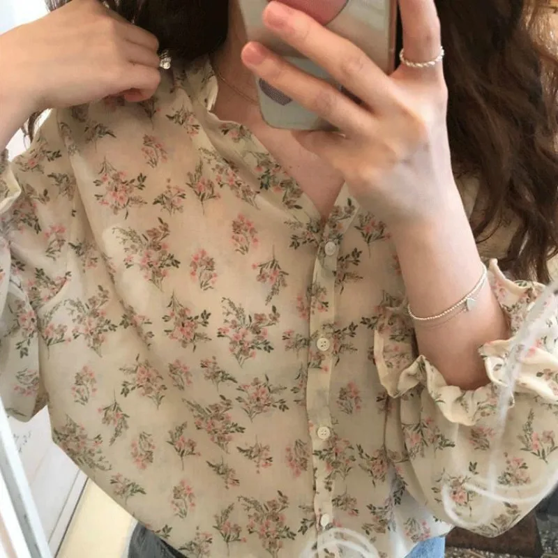 Camisa feminina com estampa floral com decote em v, streetwear de férias de verão, túnica feminina, doce e elegante, Ulzzang, Ins Ulzzang, 3XL