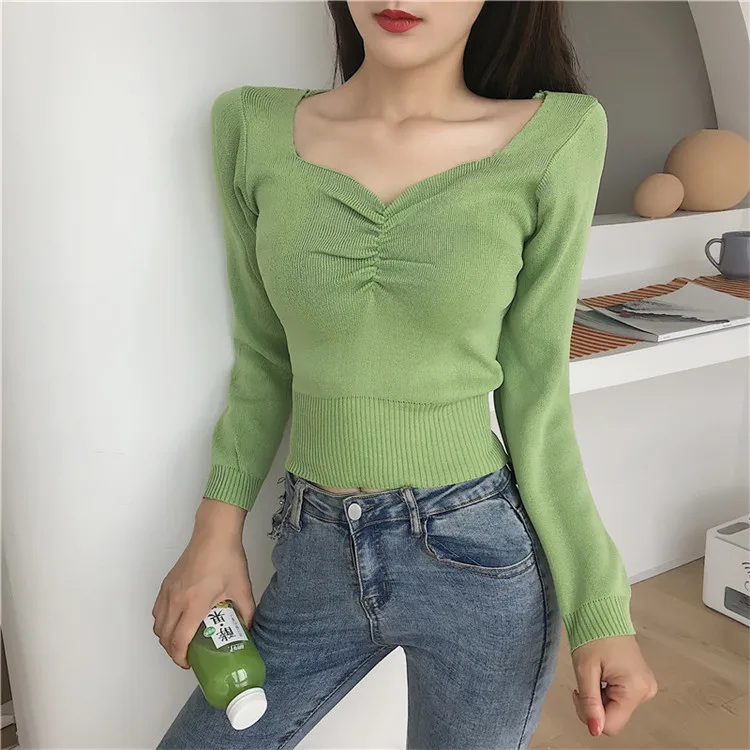 2019 Autumn Girls V-neck Knitted Full Sleeve Cropped Sweater Pullover Women's Vintage Jumpers Sweaters Crop Tops