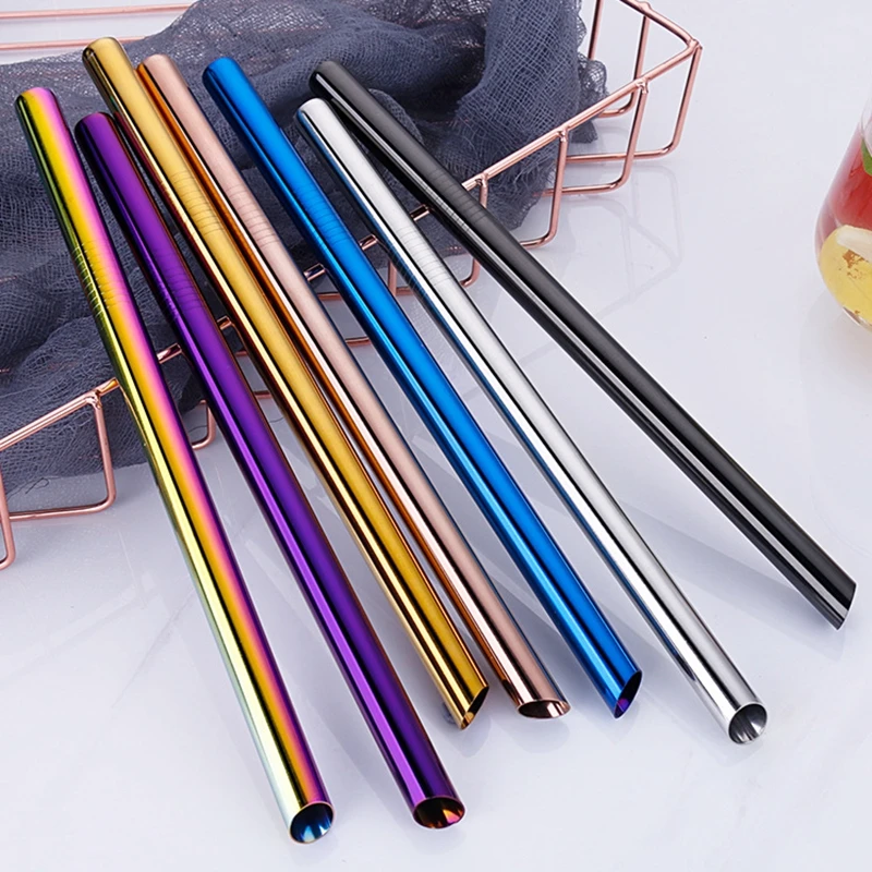 7Pcs 12mm Bubble Tea Metal Drinking Straws 304 Stainless Steel Straw with Brush Reusable Cocktail Straw for Milkshake Bar Drinks