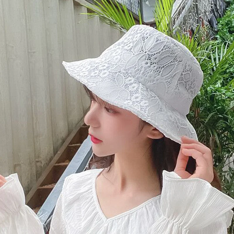 Sun Korean seaside Vintage Elegant Lace Bucket Hat Women Summer Beach Sun Hats Fashion Korean caps Breathable Fisherman cap