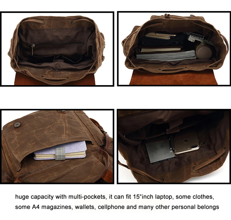 Vintage Waterproof Waxed Canvas + Genuine Leather Men\'s Backpack Large Capacity Bagpack Travel Bag Mochila Laptop Case Rucksack