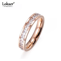 Lokaer Simple Mosaic Clear Cubic Zirconia Rose Gold Color Titanium Steel Wedding Rings For Women Anniversary Gift Anillos R17052