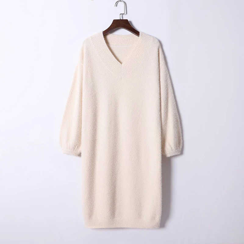 HLBCBG V Neck Long Sleeve Sweater Dress Women Autumn Winter Loose Tunic Knitted Casual Clothes Above Knee Mini Solid Dresses