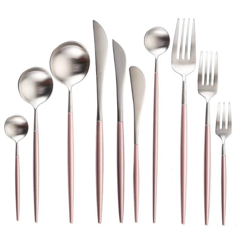 Matte Cutlery Set 18/10 Stainless Steel Silver Spoon Fork Knife Dinnerware Set Chopsticks Kitchen Tableware Set Round Handle