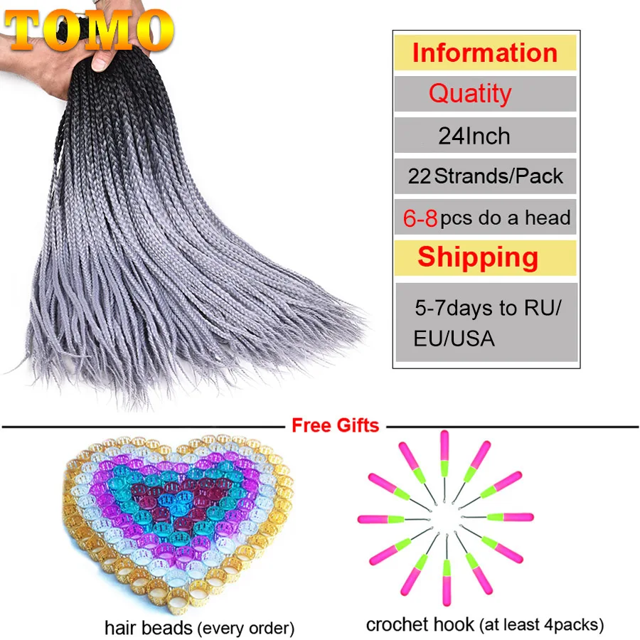 TOMO Box Braids Crochet Hair Long 24 Inch Pre-Looped Crochet Braids For Women Girls Ombre Synthetic Braiding Hair Extensions